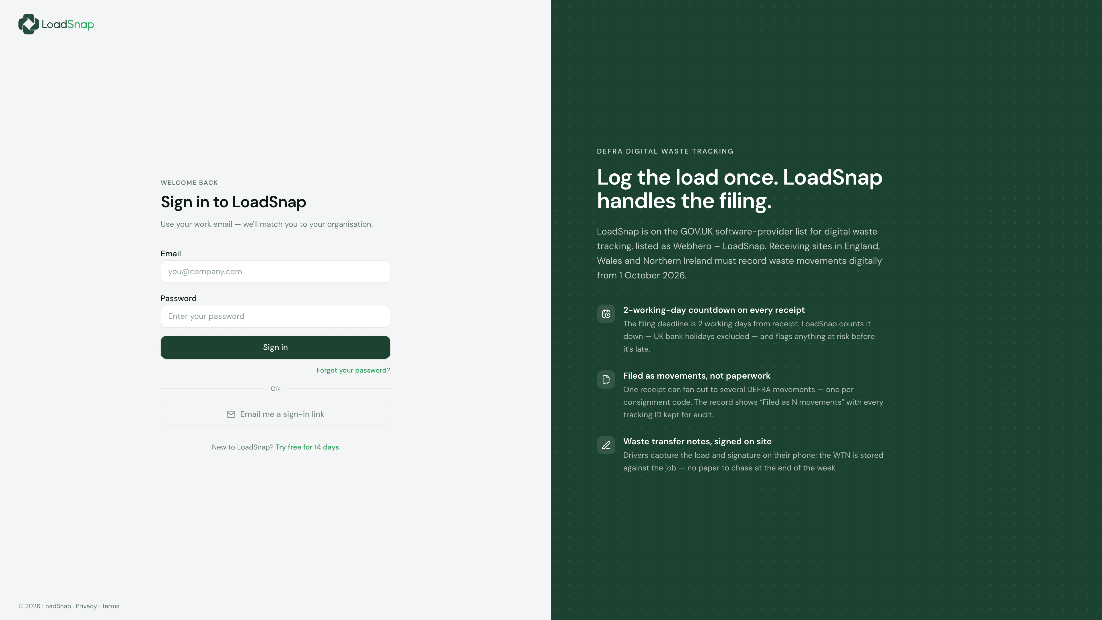 LoadSnap login screen shown on a desktop mockup