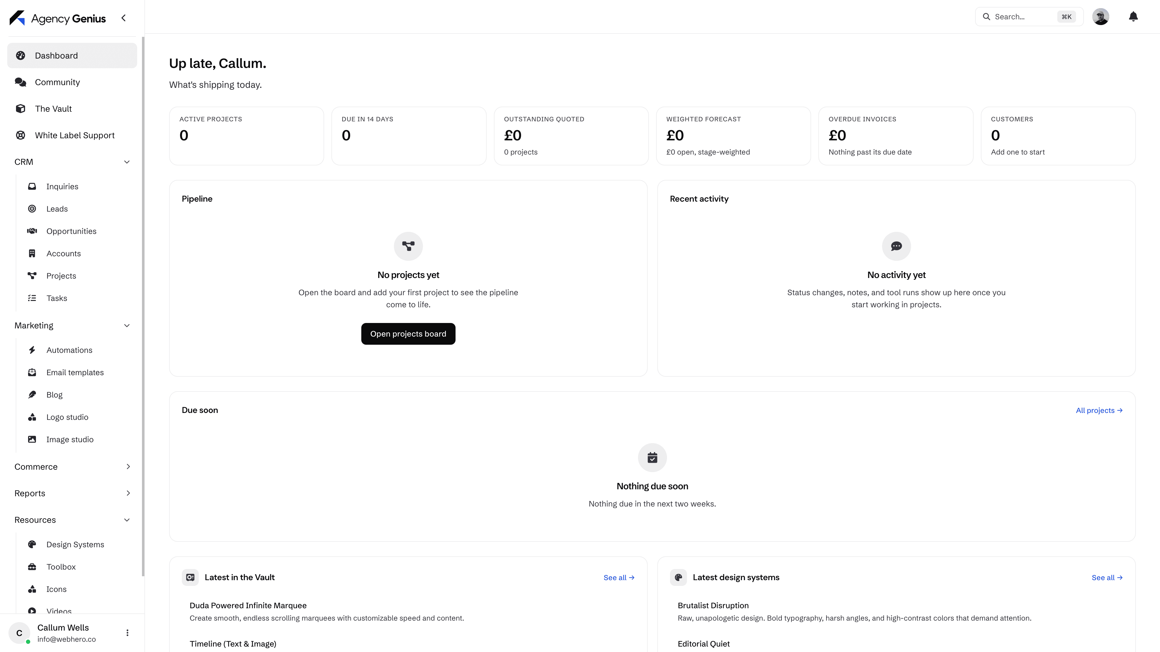 The Agency Genius platform interface shown on a desktop mockup