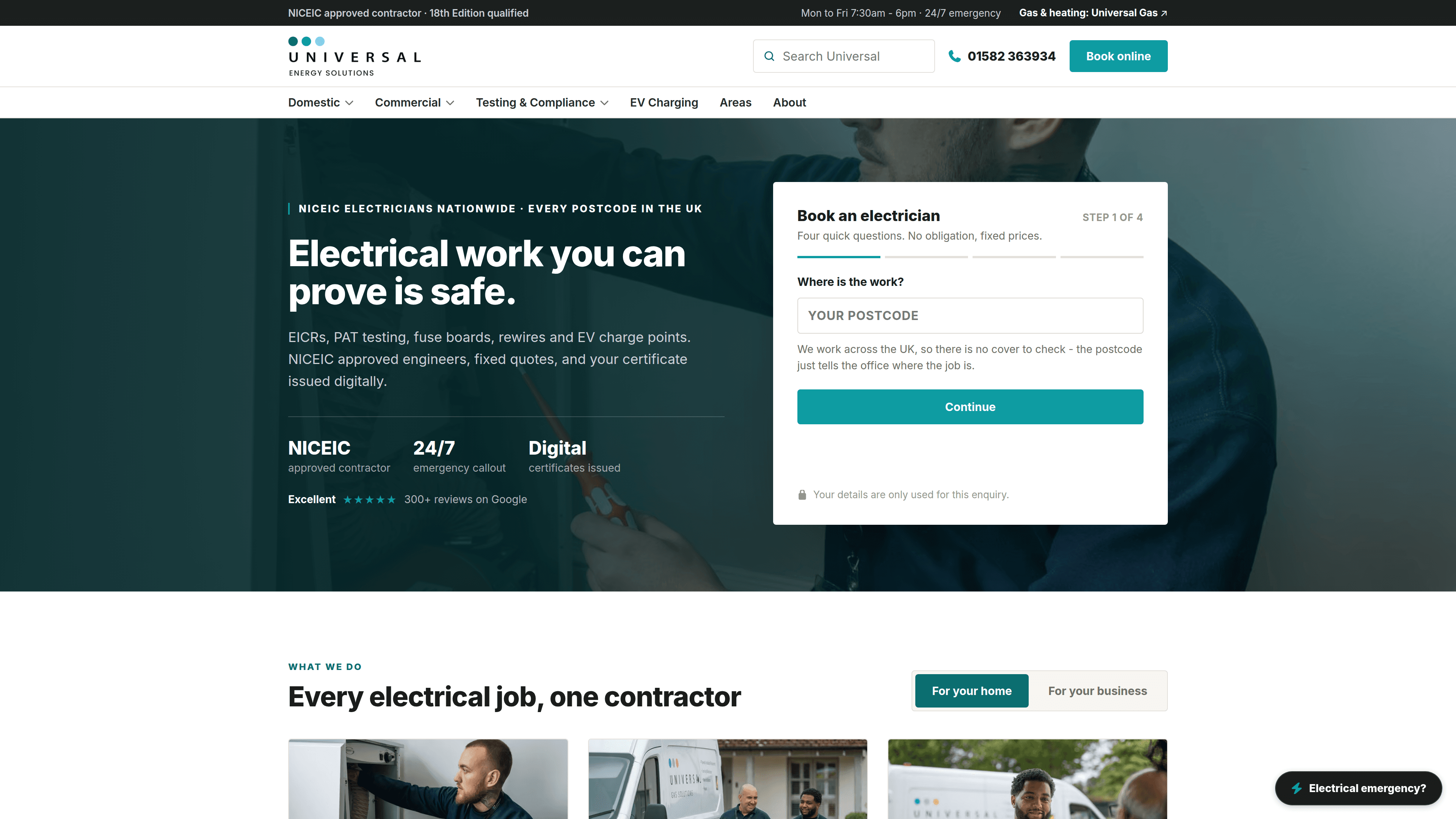 Universal Energy electrical-services site shown on a desktop mockup