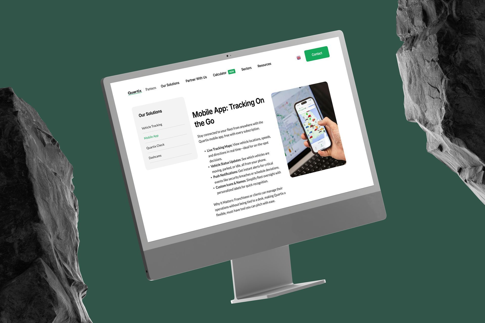 Quartix landing page design with demo request call to action